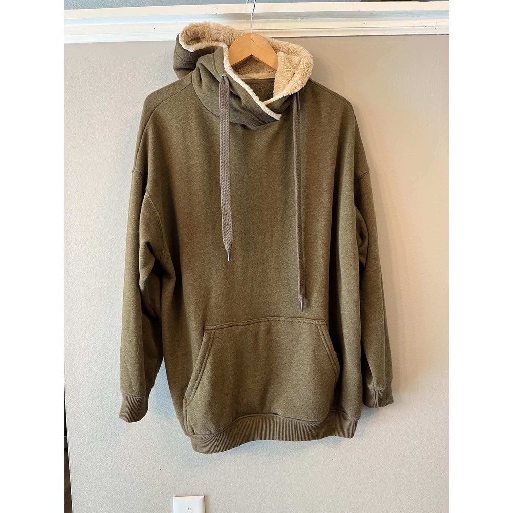 Aerie Oversized Olive Green Faux Fur Lined Hooded Sweatshirt Small